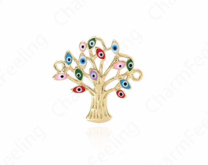 Tree of Life Pendant, Enamel Charm, Eye Necklace, 18K Gold Filled Tree Eye Pendant, DIY Jewelry Supplies, 20x20.5x1.5mm