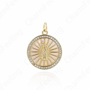 Micropavé CZ Religious Necklace,Our Lady Pendant,18K Gold Filled Catholic Charm,Round Pendant,DIY Jewelry Supplies,18x23.5x2.5mm