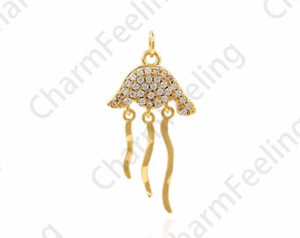 18K Gold Filled Jellyfish Pendant, Jellyfish Necklace, Sea Animal Charm, Micropavé CZ Nautical Necklace, DIY Jewelry Accessories 26x13x3mm