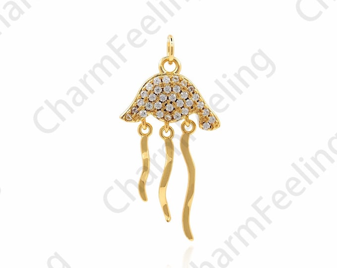 18K Gold Filled Jellyfish Pendant, Jellyfish Necklace, Sea Animal Charm, Micropavé CZ Nautical Necklace, DIY Jewelry Accessories 26x13x3mm