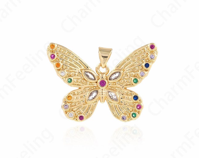 Butterfly Necklace, 18K Gold Filled Butterfly Charm, Micropavé CZ Insect Charm, Butterfly Pendant, DIY Jewelry Supplies, 22.5x32x3mm