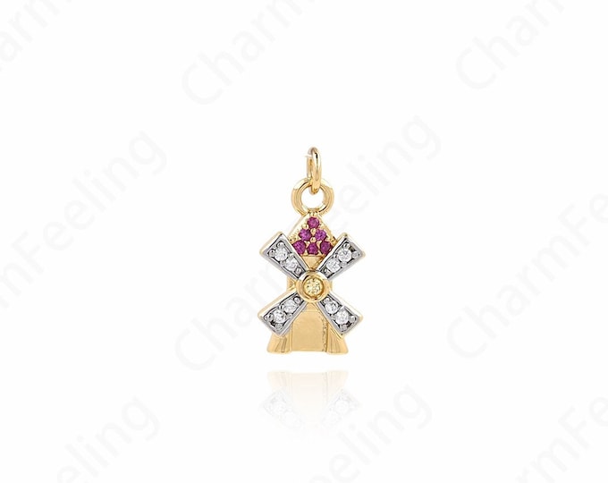 Toy Charm, Micropavé CZ Windmill Pendant, 18K Gold Filled Unique Necklace, DIY Jewelry Supplies, 17x9x3mm