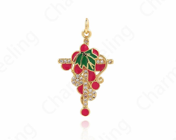 Grape Pendant, Enamel Charm, 18K Gold Filled Fruit Necklace, Micropavé CZ Fruit Pendant, DIY Jewelry Supplies, 30.5x17.4x2.4mm