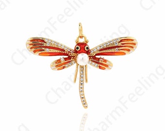 Flying Charm, Insect Charm, 18K Gold Filled Wings Necklace, Micropavé CZ Dragonfly Pendant, DIY Jewelry Making Supplies,26.4x35x6mm