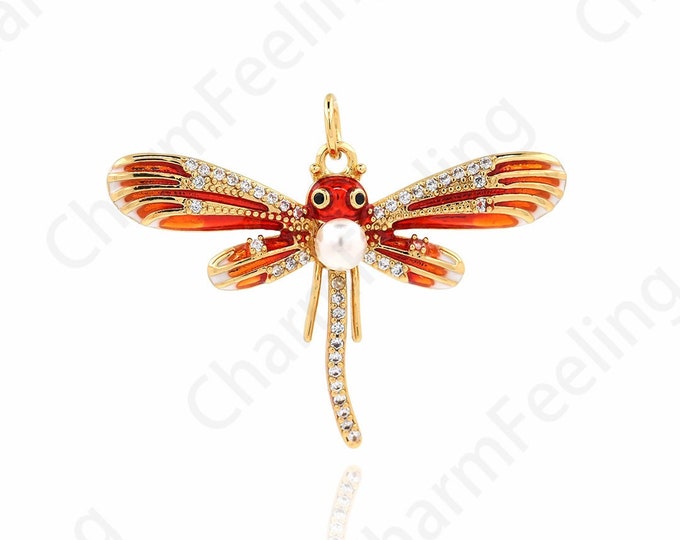 Flying Charm, Insect Charm, 18K Gold Filled Wings Necklace, Micropavé CZ Dragonfly Pendant, DIY Jewelry Making Supplies,26.4x35x6mm