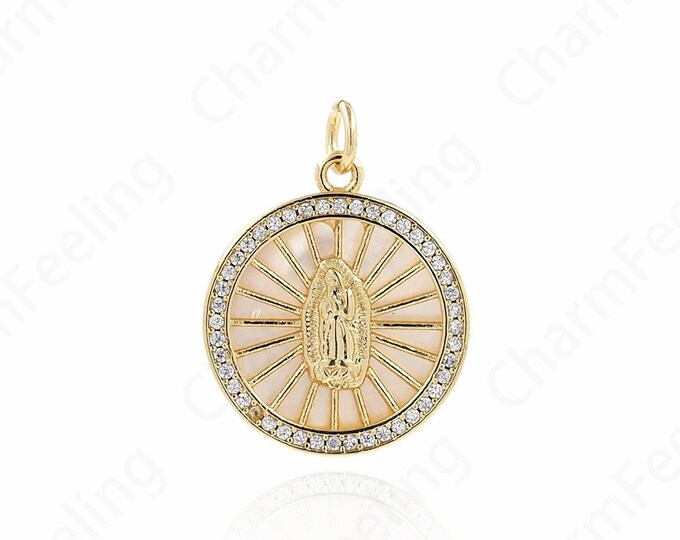 Micropavé CZ Religious Necklace,Our Lady Pendant,18K Gold Filled Catholic Charm,Round Pendant,DIY Jewelry Supplies,18x23.5x2.5mm