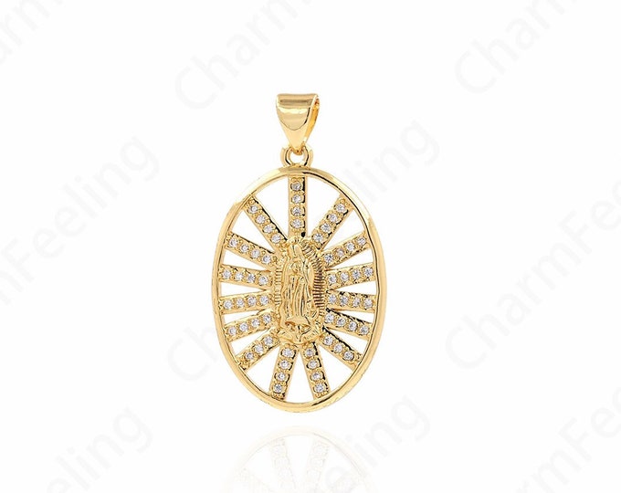 Virgin Necklace, Micropavé Cubic Zirconia Strip Pendant, 18K Gold Filled Virgin Mary Pendant, DIY Jewelry Components 31.5x18x3mm