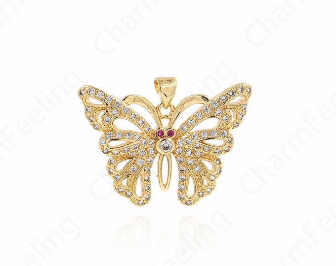 18K Gold Filled Butterfly Necklace, Butterfly Charm, Micropavé CZ Insect Charm, Butterfly Pendant, DIY Jewelry Supplies, 25x32.5x4.5mm