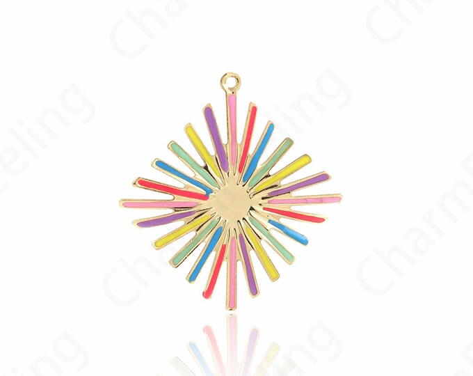 Sun Pendant, Rainbow Charm, 18K Gold Filled Enamel Charm, Rainbow Necklace, Micropavé CZ Sun Charm, DIY Jewelry Supplies, 31x19x2.7mm