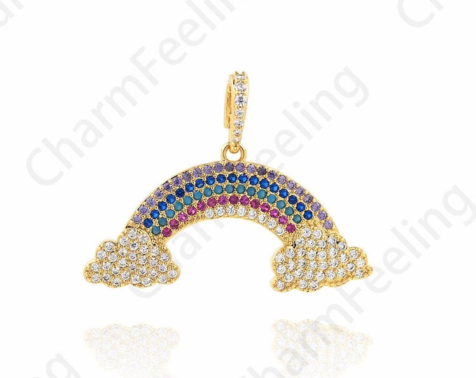 18K Gold Filled Rainbow Jewelry, Rainbow Pendant, Micropavé CZ Rainbow Charm, Dainty Necklace, DIY Jewelry Supplies,27x38x2.5mm