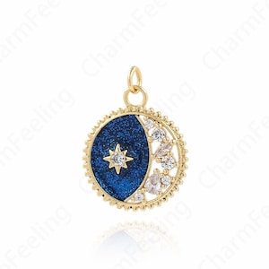 Disc Moon Necklace,18K Gold Filled Star and Moon Pendant,Micropavé CZ Round Necklace,Polaris Pendant,DIY Jewelry Accessories 19.5x24.5x3.5mm