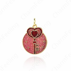 18K Gold Filled Key Necklace, Heart-Shaped Key Pendant,Enamel Key Charm, Heart-Shaped Necklace 21.3x15x1.5mm