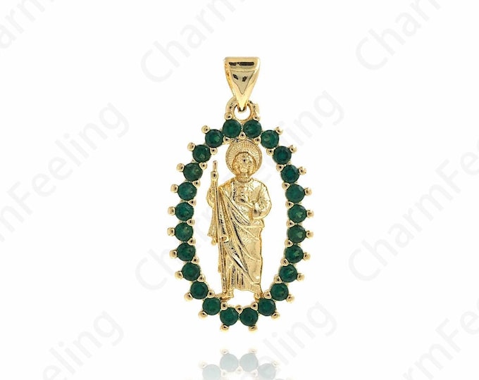Micropavé CZ Gold Saint Jude Thaddeus Necklace,18K Gold Filled St.Jude Medallion Pendant,DIY Jewelry Supplies,29x15.3x3mm