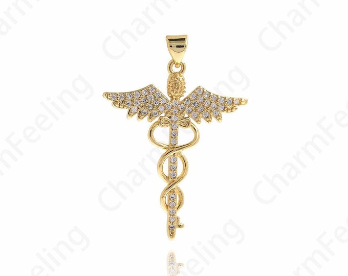 Angel Wing Pendant,Scepter Pendant,18K Gold Filled Wing Pendant,Wing Charm,Micropavé CZ Scepter Charm,DIY Jewelry Accessories,38.6x27x3mm