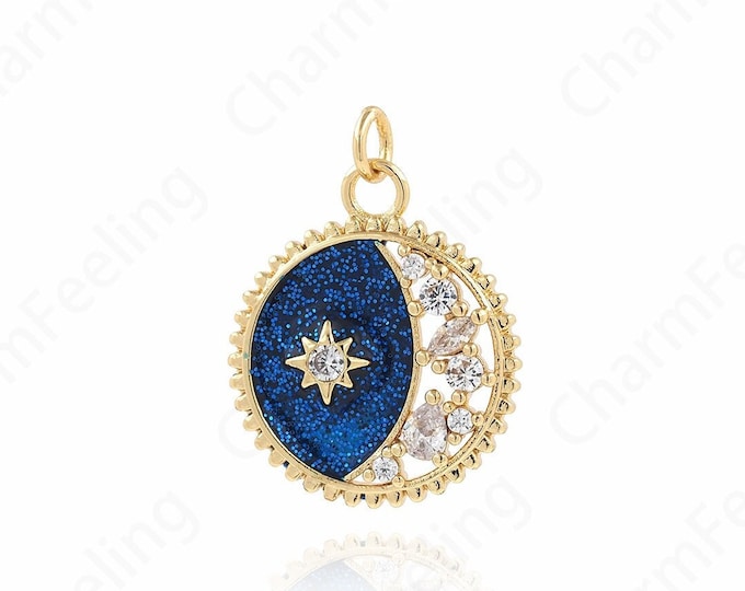 Disc Moon Necklace,18K Gold Filled Star and Moon Pendant,Micropavé CZ Round Necklace,Polaris Pendant,DIY Jewelry Accessories 19.5x24.5x3.5mm