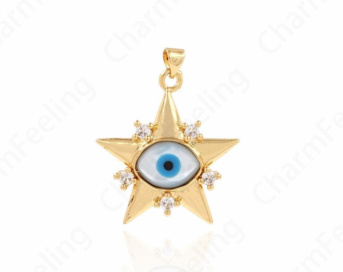 Enamel Eye Charm, Micropavé CZ Star Pendant, 18K Gold Filled Star Charm, Eye Charm, Eye Pendant, DIY Jewelry Supplies, 36x29.5x4.5mm