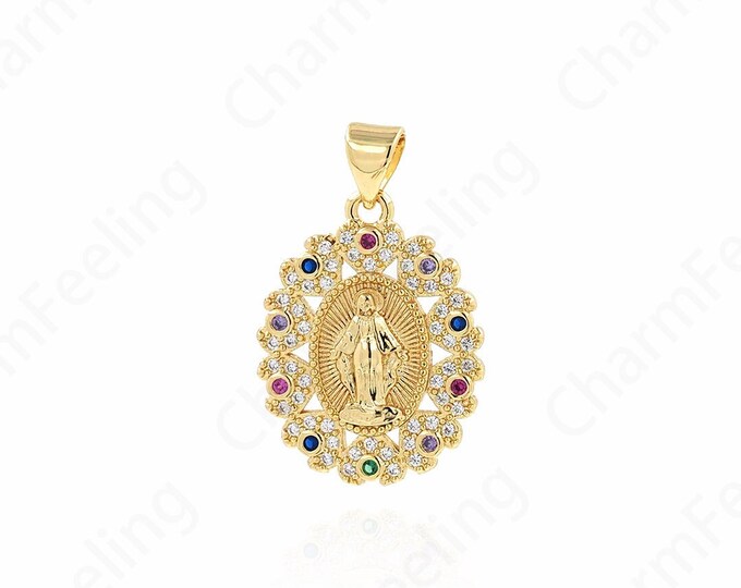 18K Gold Filled Virgin Mary Pendant, Micropavé Cubic Zirconia Strip Pendant, Virgin Necklace, DIY Jewelry Components 26x17x2.5mm