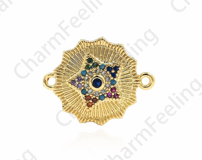 18K Gold Filled Circular Connector,Five-Pointed Star Connector, Micropave CZ Polaris Connector, Starburst Charm, 16x20x3mm