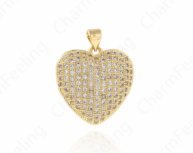 18K Gold Filled Heart Charm, Heart Pendant, Micropavé CZ Love Necklace,Love Charm, DIY Jewelry Accessories, 27x23x9mm