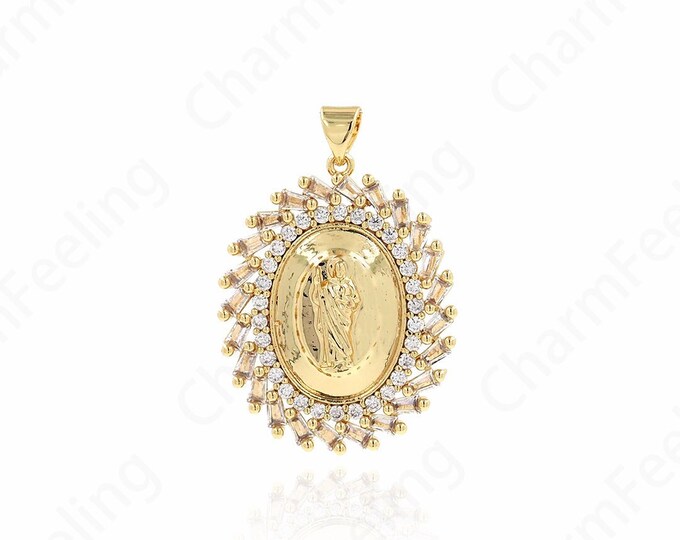 Micropavé Cubic Zirconia Strip Pendant, 18K Gold Filled Virgin Mary Pendant, Virgin Necklace, DIY Jewelry Components 35.5x24.5x4.5mm