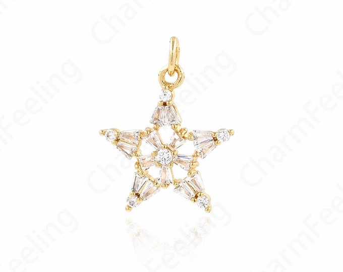 Celestial Charm, Pentagram Pendant, Micropavé CZ Star Charm, Dainty Pendant, 18K Gold Filled Star Jewelry, DIY Jewelry Supplies, 22x17x4mm