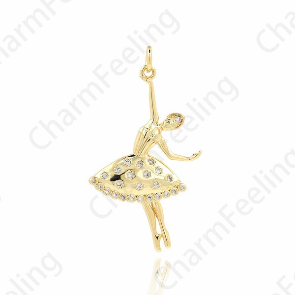 Charme de danseur rempli d’or 18 carats, figurines de danse, charme de danse micro-pavé CZ, charme de personnage, accessoires de bijoux DIY, 40x22x2.5mm