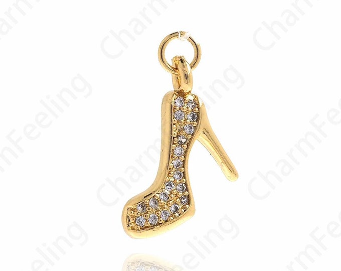 Micropavé CZ High Heel Pendant, High Heel Necklace, Enamel Shoe Charm, 18K Gold Filled High Heel Pendant, 19x11x2.2mm