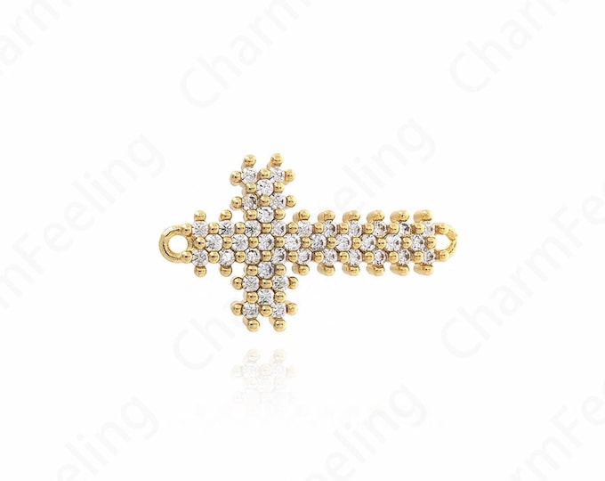 Gold Cross Connector, 18K Gold Filled Religious Charm, Micro Pave CZ Christian Connector, DIY Jewelry Supplies, 25.7x14.7x3.2mm