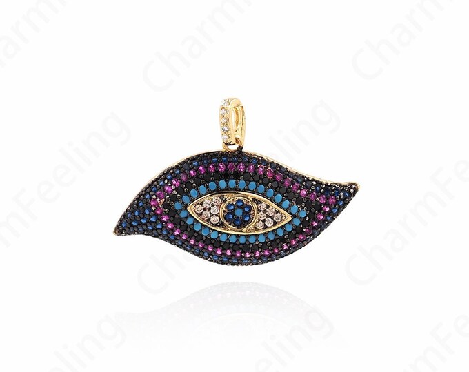 Micropavé CZ Lucky Eye Necklace, 18K Gold Filled Beautiful Eye Pendant, Eye Charm, DIY Jewelry Accessories, 25x37x4.5mm