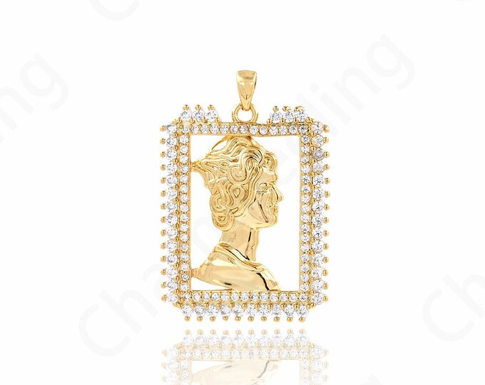 18K Gold Filled Square Figure Charm, Figure Pendant, Micropavé CZ Engraved Necklace, Vintage Charm, DIY Jewelry Supplies, 34.4x23.4x3mm