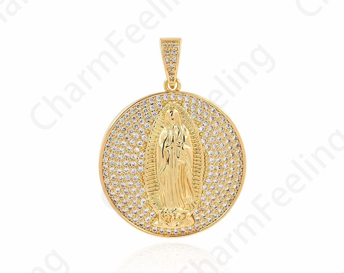 Round Pendant, Madonna Charm,18K Gold Filled Religious Necklace, Catholic Charm, Micropavé CZ Fashion Pendant,DIY Jewelry Supplies,36x26x3mm