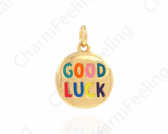 Word Charm, Round Charm, Lucky Pendant, Enamel Charm, 18K Gold Filled Word Necklace, DIY Jewelry Supplies, 17.5X13.3X1.6mm