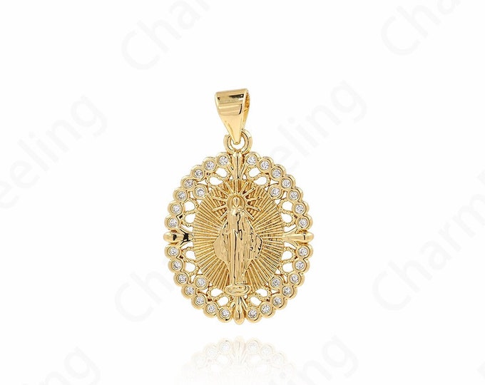Catholic Charm,Round Pendant, Madonna Charm,18K Gold Filled Religious Necklace,Micropavé CZ Fashion Pendant,DIY Jewelry Supplies,27x17x1.5mm