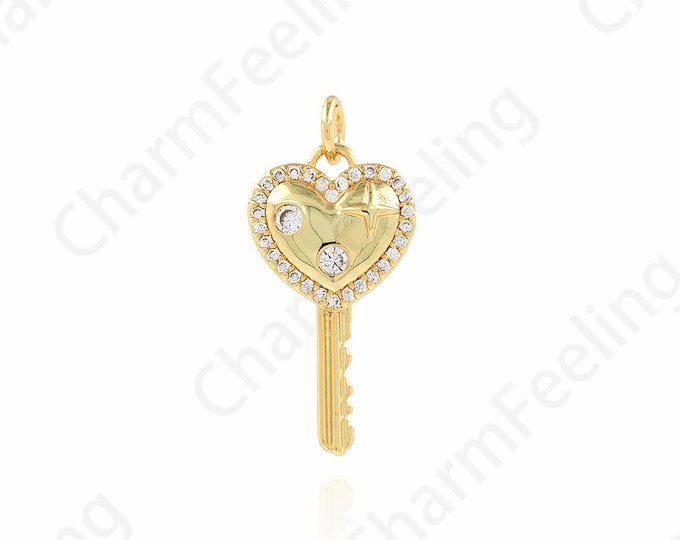18K Gold Filled Heart Key Pendant,Micropavé CZ Key Charm, Gift For Her, Heart Pendant, Love Key Necklace,DIY Jewelry Supplies, 12.2x26x2.5mm