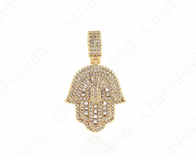 Hamsa Pendant, Eye Pendant,Micropavé CZ Hamsa Necklace, 18K Gold Filled Hand-Eye Necklace,  DIY Jewelry Accessories,35.5x21.5x5mm