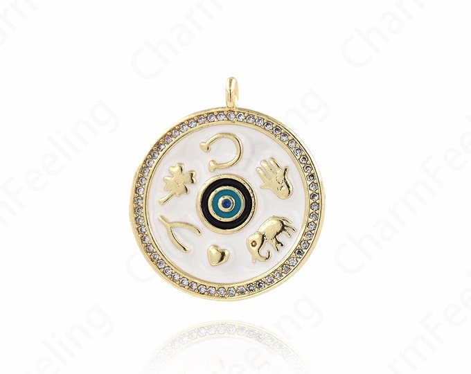 Micropavé CZ Horseshoe Charm, Lucky Charm, 18K Gold Filled Heart Pendant, Round Charm, Enamel Charm, DIY Jewelry Supplies, 25.5x22.5x2.5mm