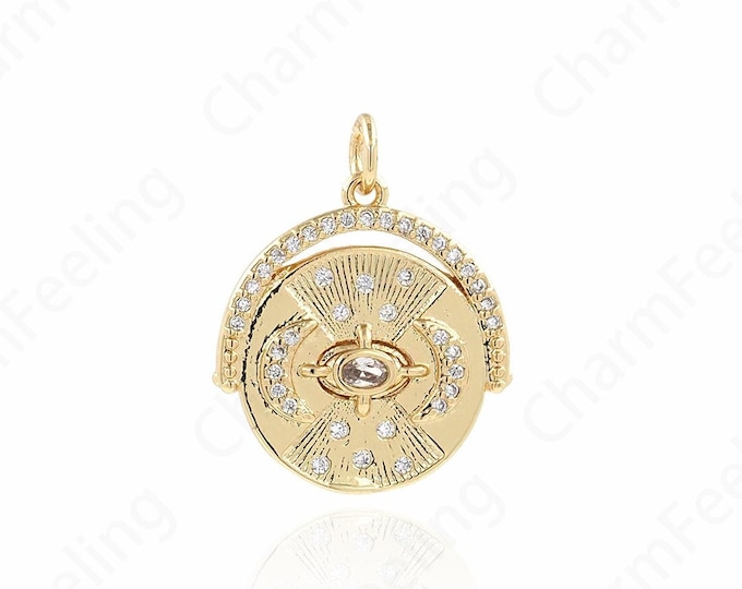 Dainty Eye Charm,Micropavé CZ Eye Coin Necklace,18K Gold Filled Eye Pendant,DIY Jewelry Making Accessories 23.5x19x2mm