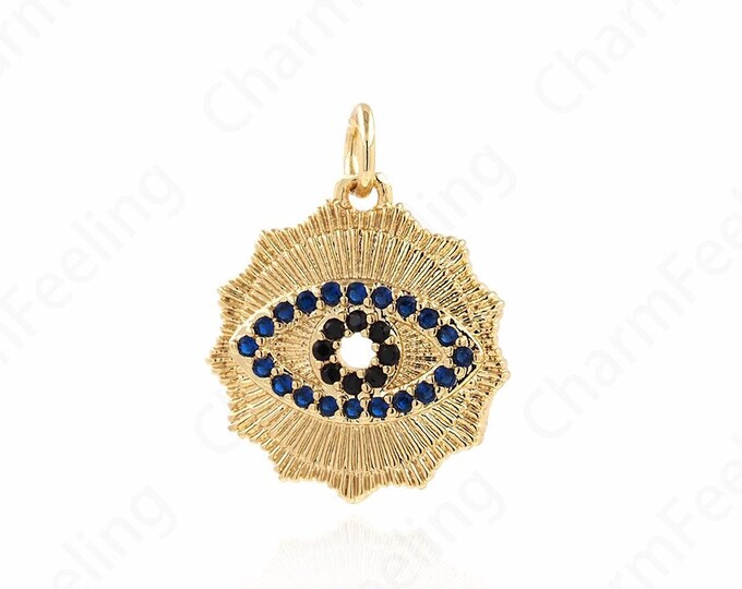 Eye Medal, 18K Gold Filled Eye Charm, Eye Pendant,Micropavé CZ Eyes On Coin Necklace,DIY Jewelry Making Accessories 20x16x2.5mm