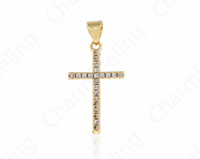 Cross Pendant, Micropavé CZ Cross Charm, Religious Necklace, 18K Gold Filled Cross Necklace, DIY Jewelry Supplies, 27x14.2x2.2mm