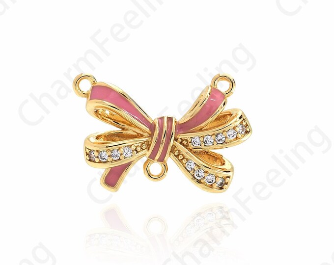 Bow Pendant, Enamel Charm, Bow Charm, 18K Gold Filled Knot Necklace, Micropavé CZ Pendant Accessories, DIY Jewelry Supplies, 12x17x5mm