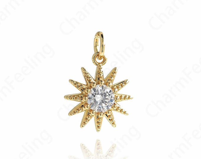 Sun Pendant, Micropavé CZ Sun Charm, 18K Gold Filled Sun Charm, DIY Jewelry Supplies, 14x12x3.3mm