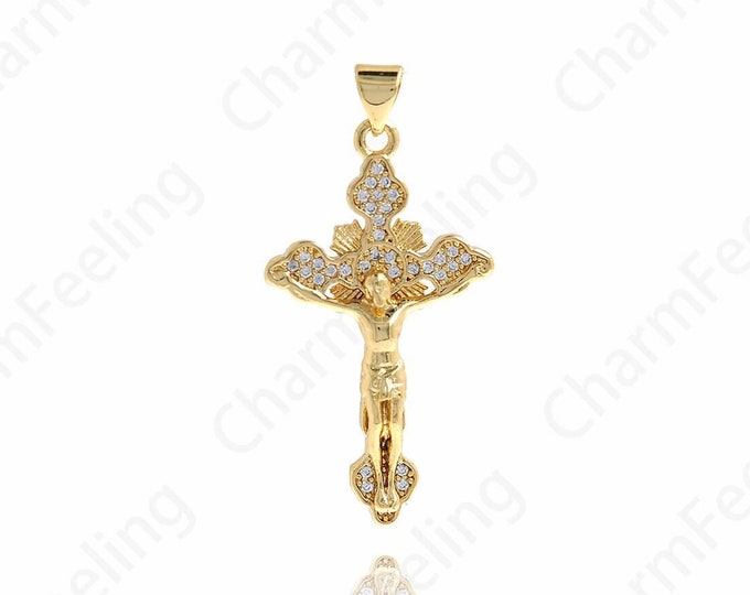 Micropavé CZ Victim Pendant,Christian Charm,18K Gold Filled Cross Pendant,Cross Charm,DIY Jewelry Accessories,39x19.5x4mm