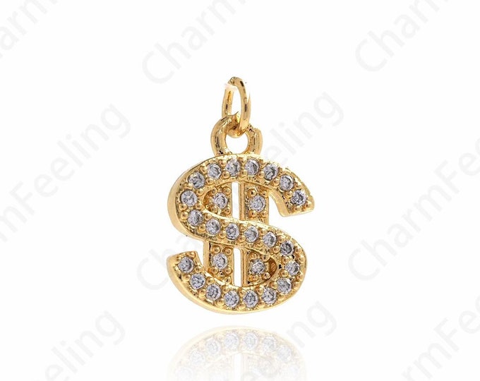 18K Gold Filled Dollar Sign Pendant, Micropavé CZ Money Sign Necklace, Sign Pendant, Money Charm, Dollar Charm, 15.7x9.8x2.2mm