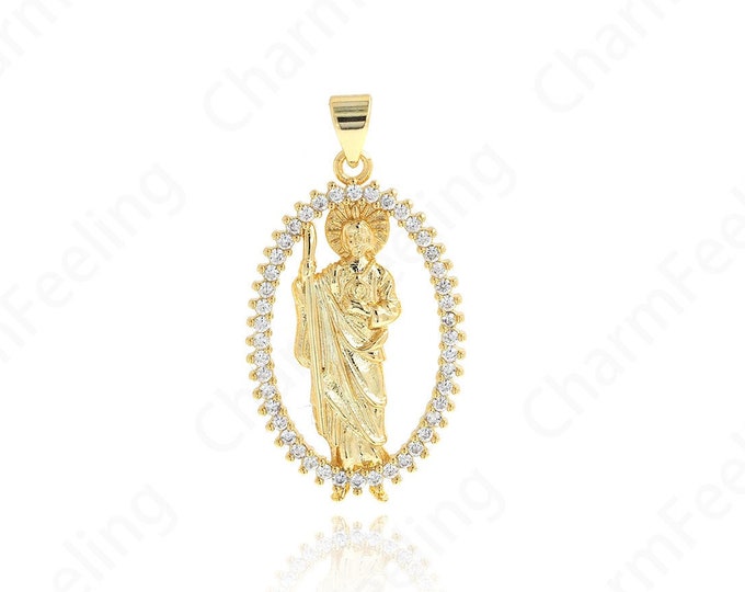 Micropavé CZ Gold Saint Jude Thaddeus Necklace,18K Gold Filled St.Jude Medallion Pendant,DIY Jewelry Supplies,35.5x19x2.5mm