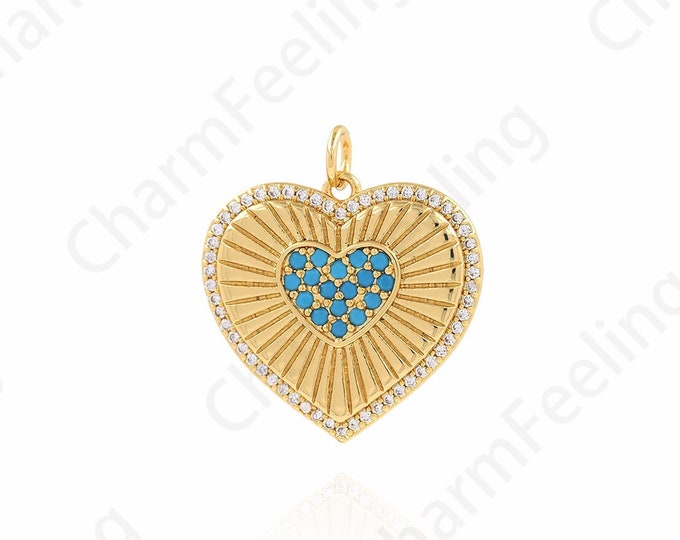 Heart Pendant,Micropavé CZ Heart Necklace,18K Gold Filled Fashion Pendant,Gift For Her,Turquoise Charm,DIY Jewelry Supplies,22.5x24.5x2.5mm