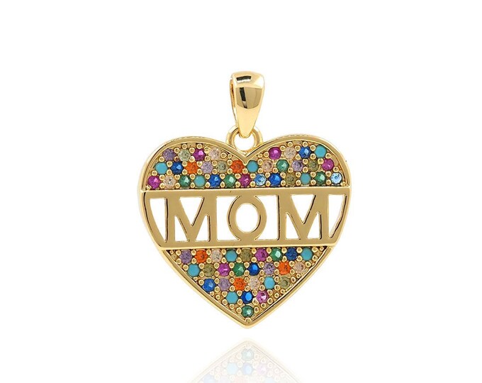 Heart Pendant, Micropavé CZ Letter Necklace, 18K Gold Filled MOM Necklace, Gift for Mother, DIY Jewelry Supplies, 21.5x18x2mm