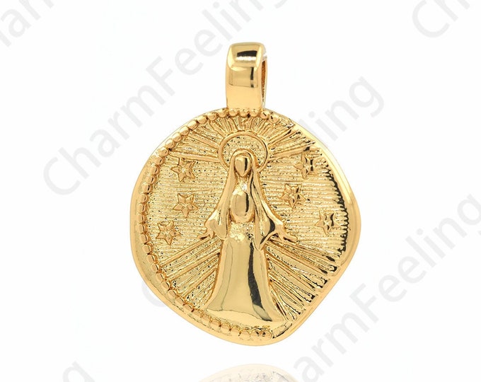 Maria Pendant,18K Gold Filled Virgin Mary Pendant, Virgin Necklace, Strip Pendant, DIY Jewelry Components 23x18x2mm