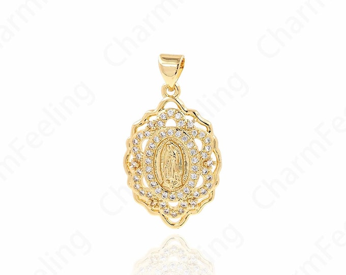 Micropavé Cubic Zirconia Strip Pendant, 18K Gold Filled Virgin Mary Pendant, Virgin Necklace, DIY Jewelry Components 29x16.5x3.5mm