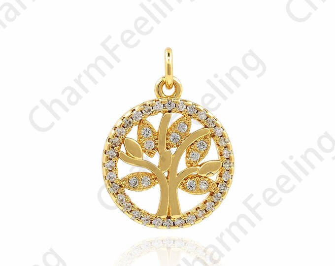 18K Gold Filled Round Pendant, Tree Of Life Necklace, Micropavé CZ Plant Charm, Tree Of Life Charm, DIY Jewelry Accessories, 17x13x2mm
