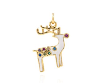 18K Gold Filled Elk Pendant, Enamel Charm, Micropavé CZ Elk Necklace, Christmas Gift, Christmas Car Necklace, 20x14.5x2mm